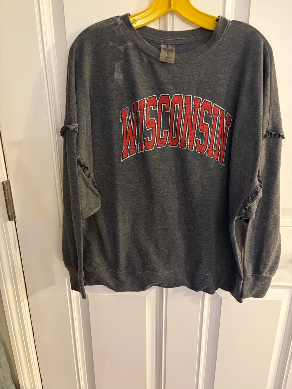 Charcoal Crewneck Sweater with Red Wisconsin Appliqué